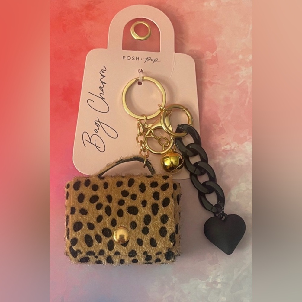 NWT Posh + Pop Leopard Print Bag Charm with Black and Gold Accents and Heart
